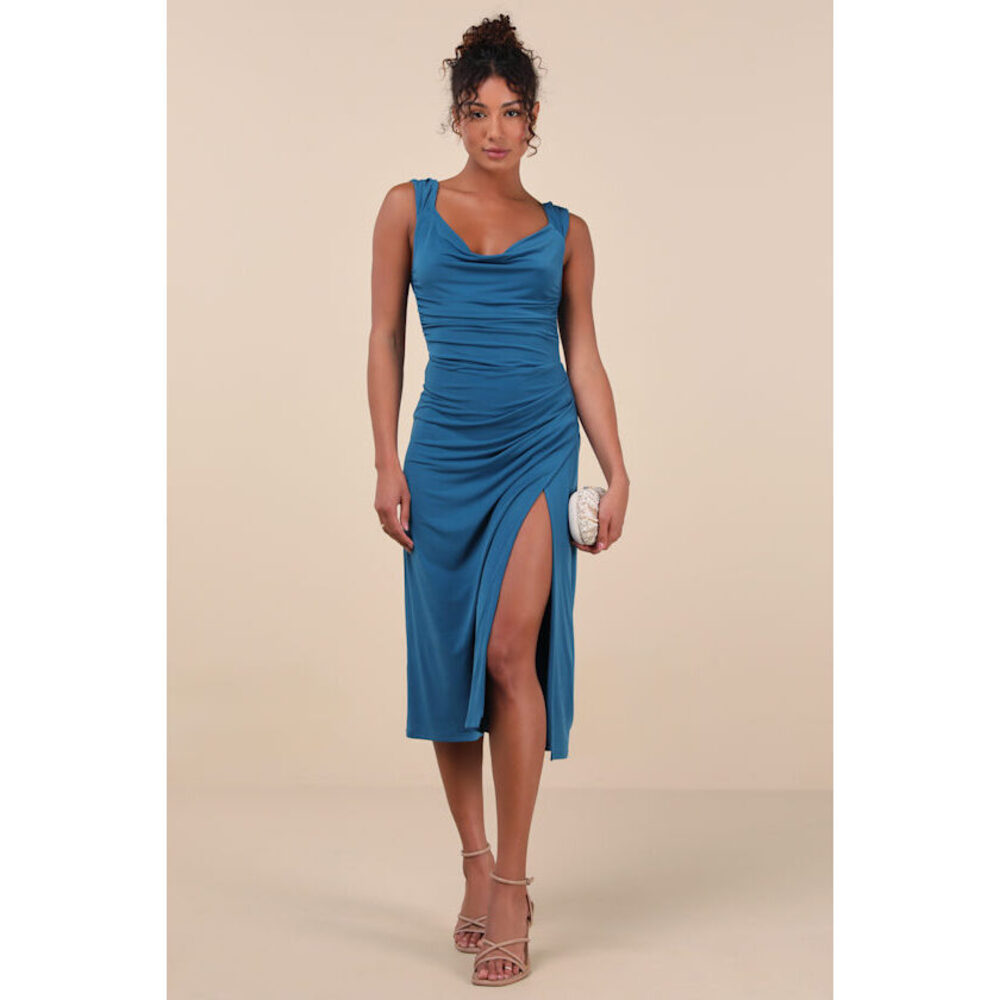 Lulus Flawless Effect Dark Teal Slinky Knit Cowl Tie-back Midi Dress Green - Picture 1 of 6